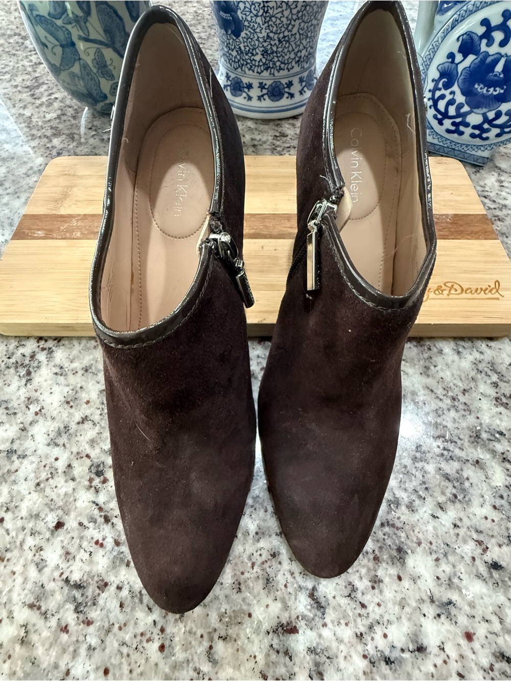Calvin Klein Dark Brown Suede Zip Ankle Booties